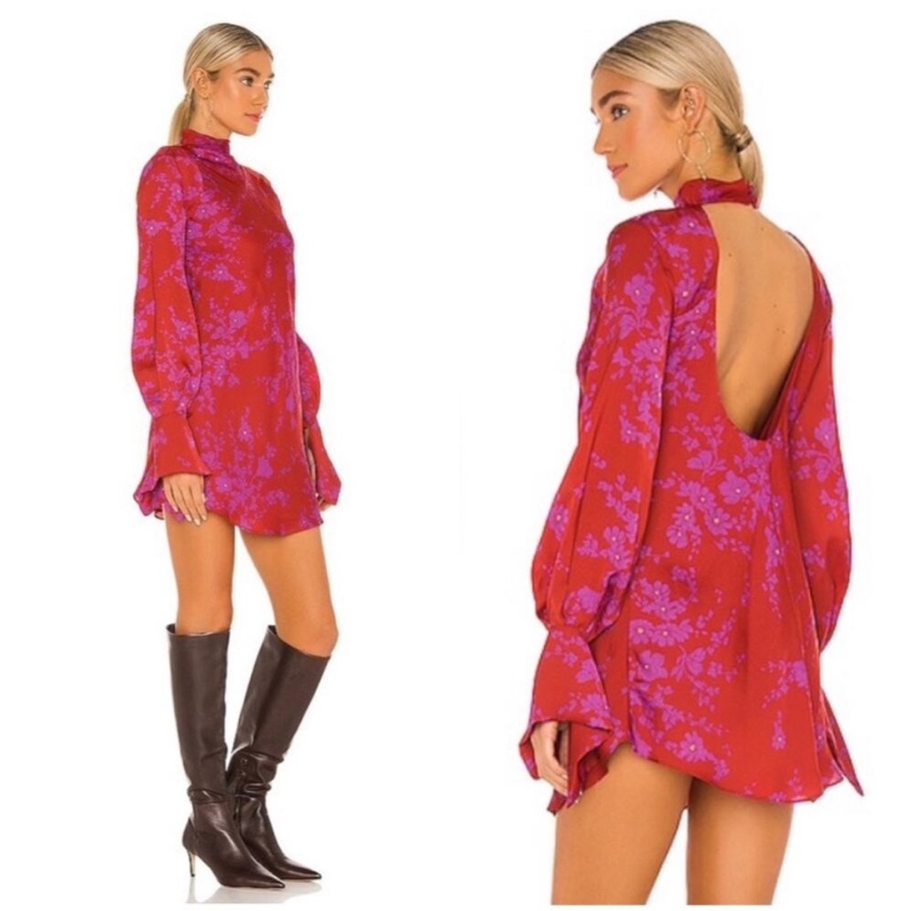 NWOT Free People Aries Mini Dress Satin Floral Mock Neck Open Back Romantic